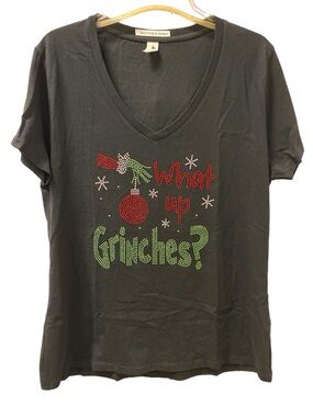 Women’s Size L Black 'What Up Grinches?' Holiday V-NeckGraphic Tee #bling